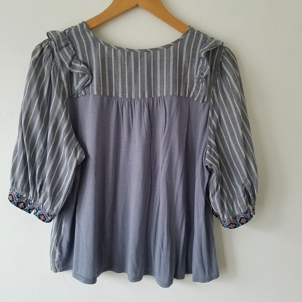 ANTHROPOLOGIE One September Embroidered Floral Ruffle Striped Blouse Size M